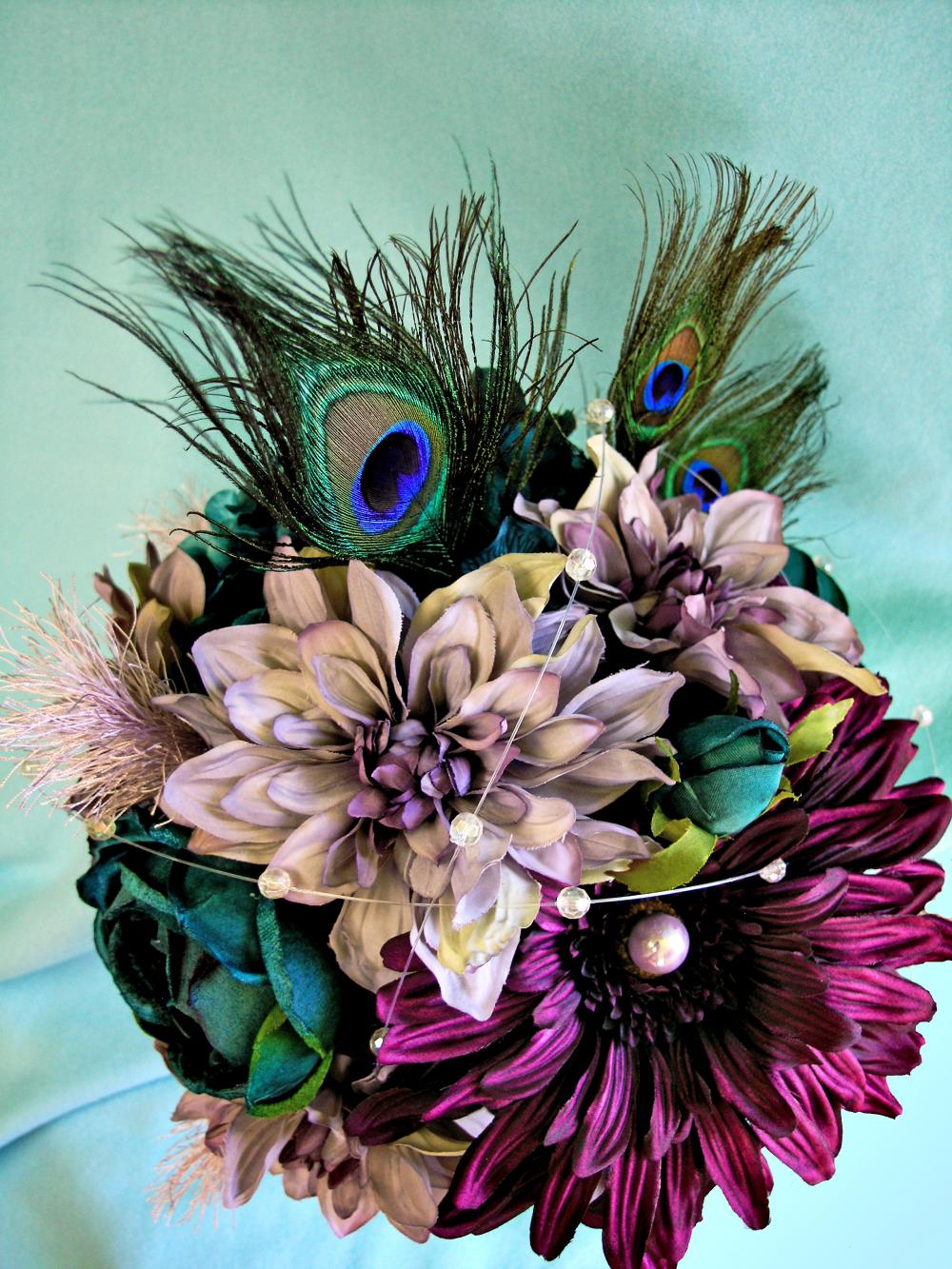 Peacock Wedding Flowers, Purple Silk Bridal Bouquet Teal