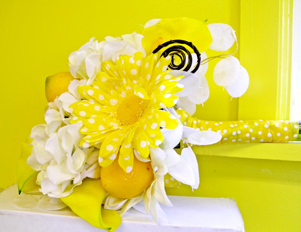 Lemon Yellow Bridal Bouquet, White Silk Wedding Flowers