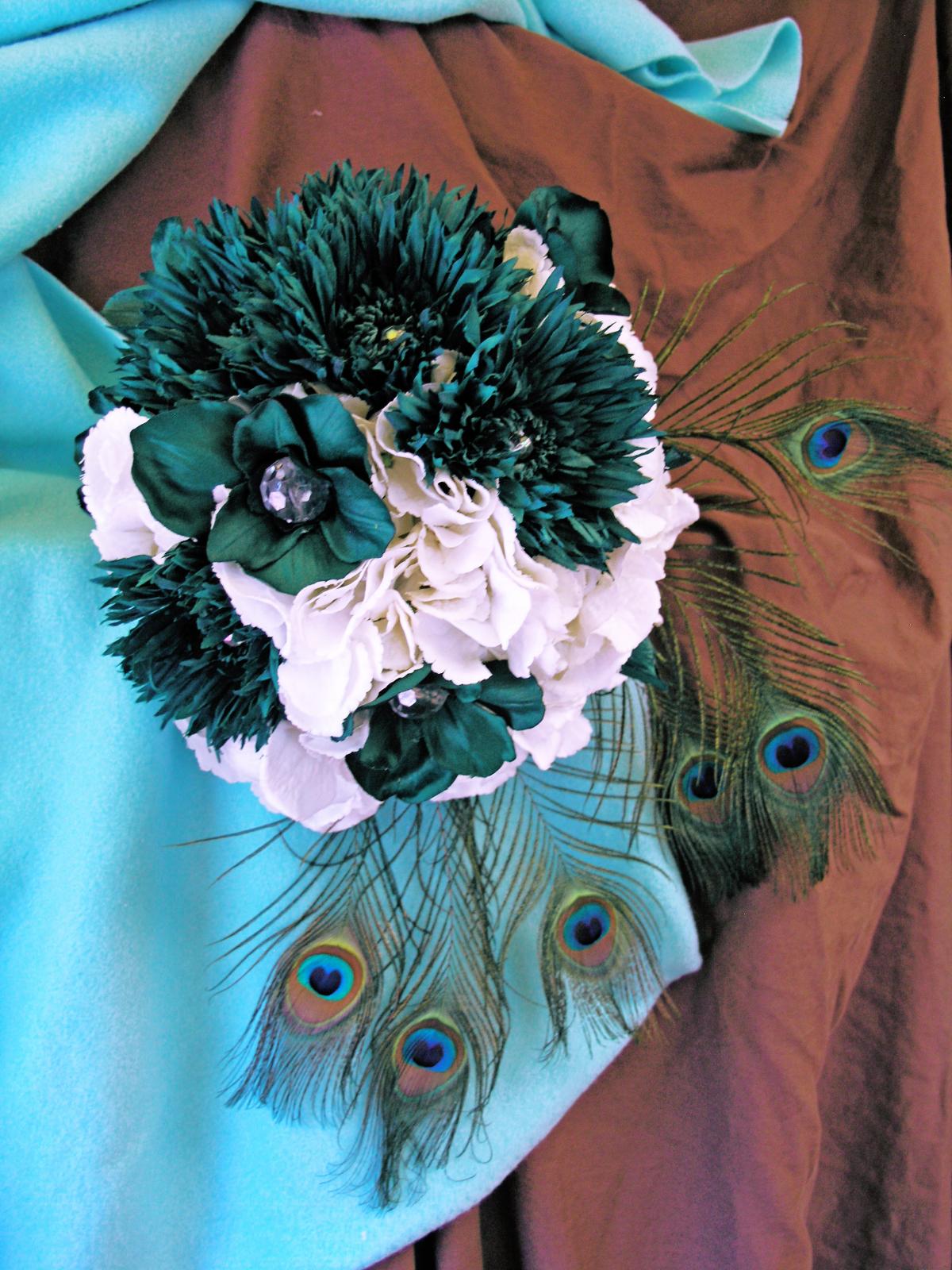 Teal & White Wedding, Peacock Silk Bridal Bouquet