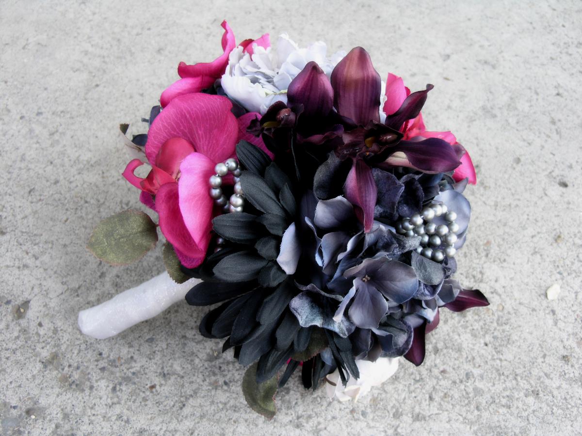 Pink Wedding Bouquet Gray Black Wedding Flowers Set