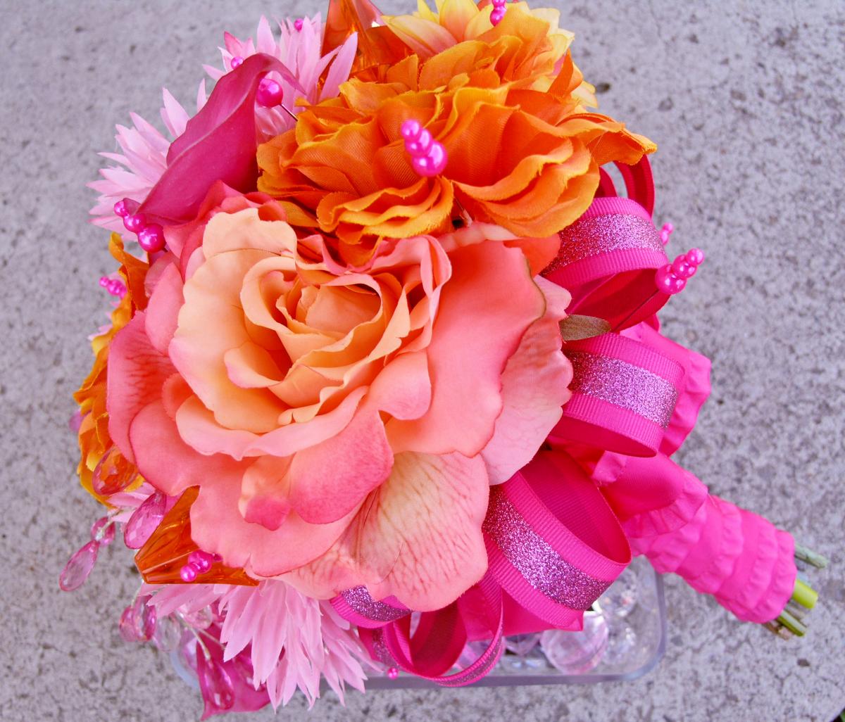 Pink Bridal Bouquet, Orange Silk Wedding Flowers, Rose Bouquet